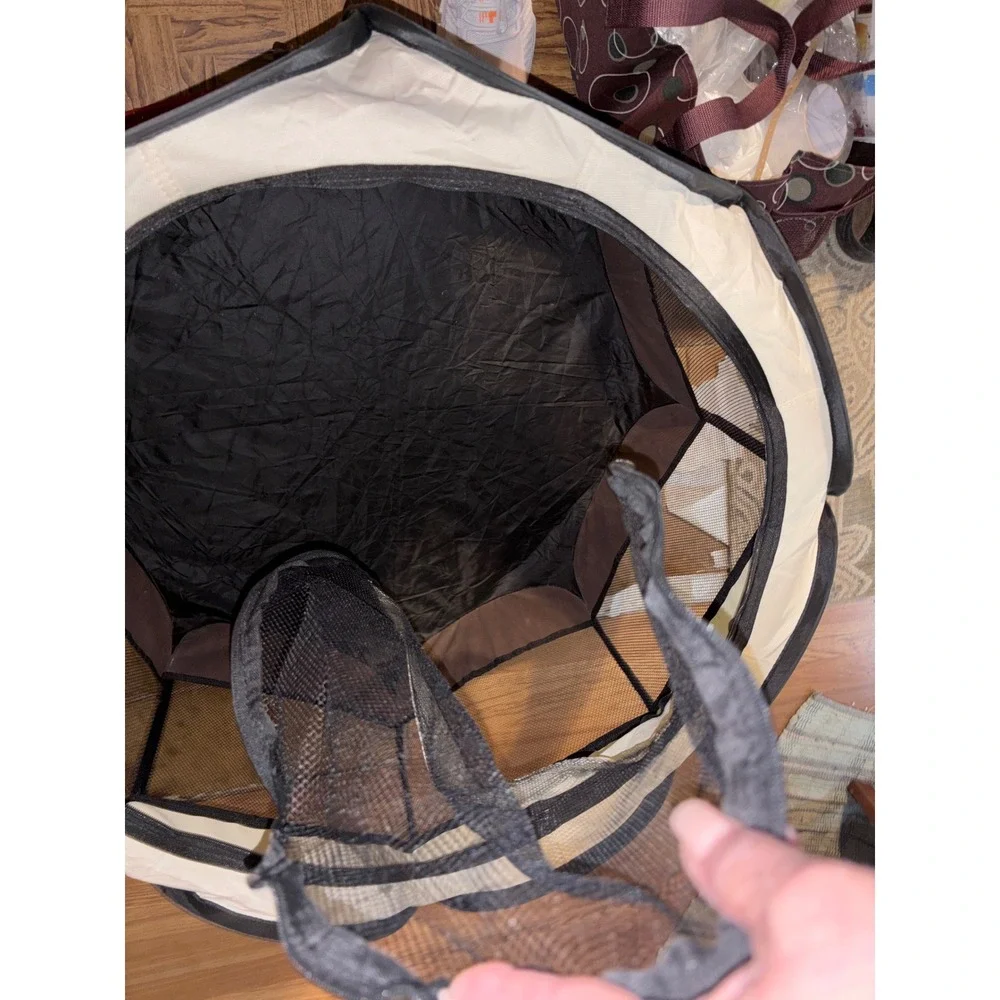 Portable Pop Up Pet Playpen Octagon Mesh Exercise Pen Brown Tan 27x18.5 Inch